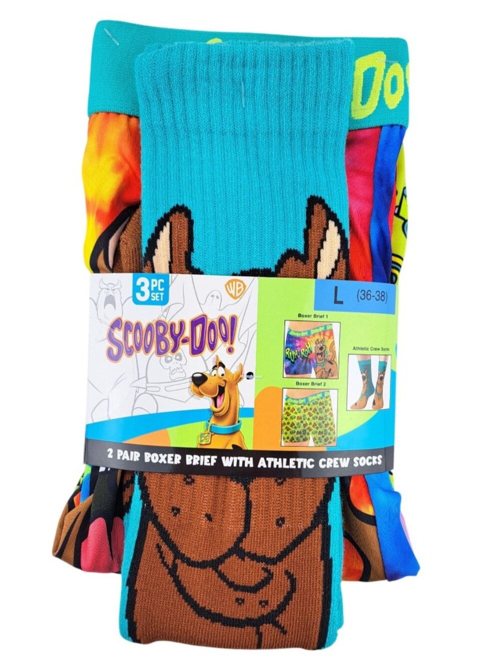 Scooby-Doo 3-Piece Boxer Briefs & Crew Socks Set Men Size Large 36"-38" Stretch